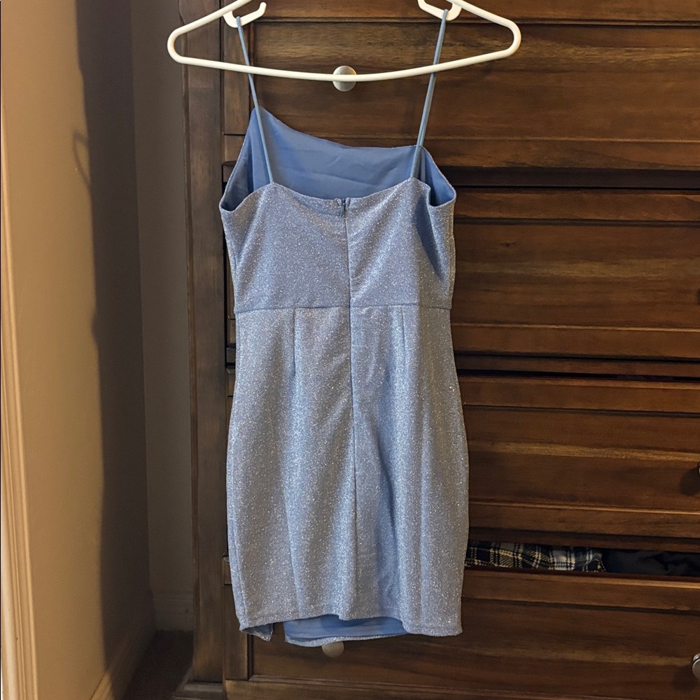 Lulus Take Me Anywhere Blue Sparkly Asymmetrical Bodycon Mini Dress - Size S - Picture 3 of 3